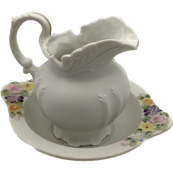 Vintage Lefton China 4.5" Handpainted Creamer/Basin & Decorative Pitcher KW3221 - Picture 3 of 10